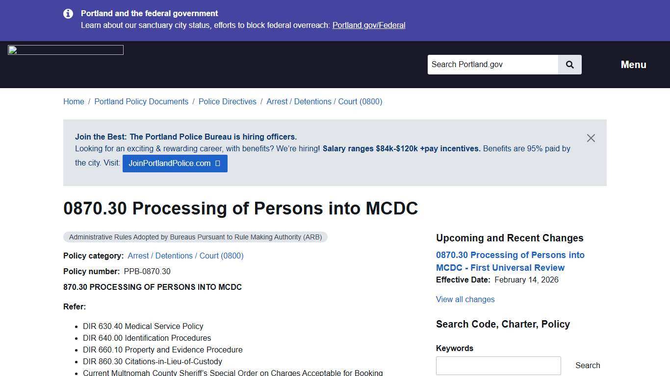 0870.30 Processing of Persons into MCDC Portland.gov
